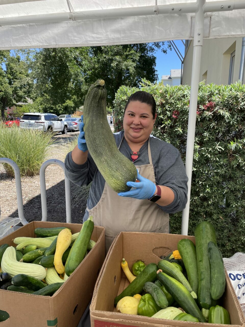 woman holds giant zucchini at fruits and veggies